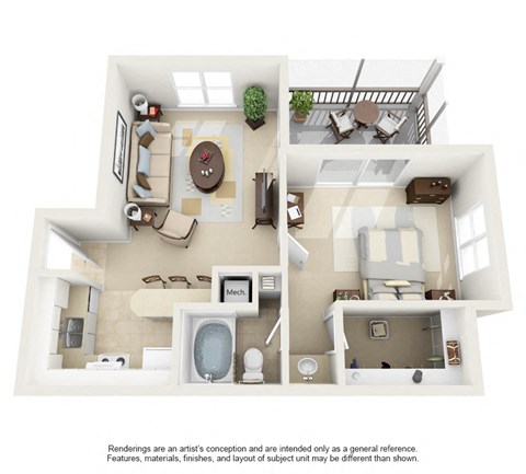 Floor plan for 1 bed, 1 bath, 660 sqft